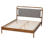 Lit Plateforme Queen en Tissu Bouclé Gris Clair et Bois de Noyer Marron Style Mid-Century