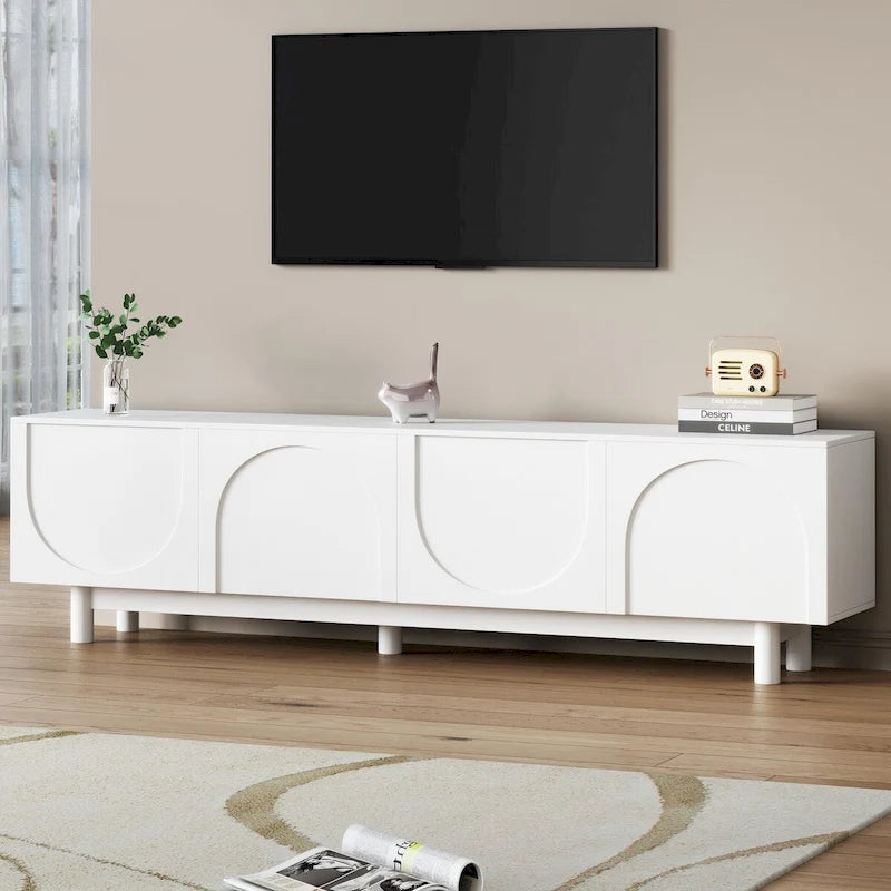 Meuble TV pour téléviseurs jusqu'à 78 po, meuble de divertissement avec pieds en bois massif et tablettes ajustables