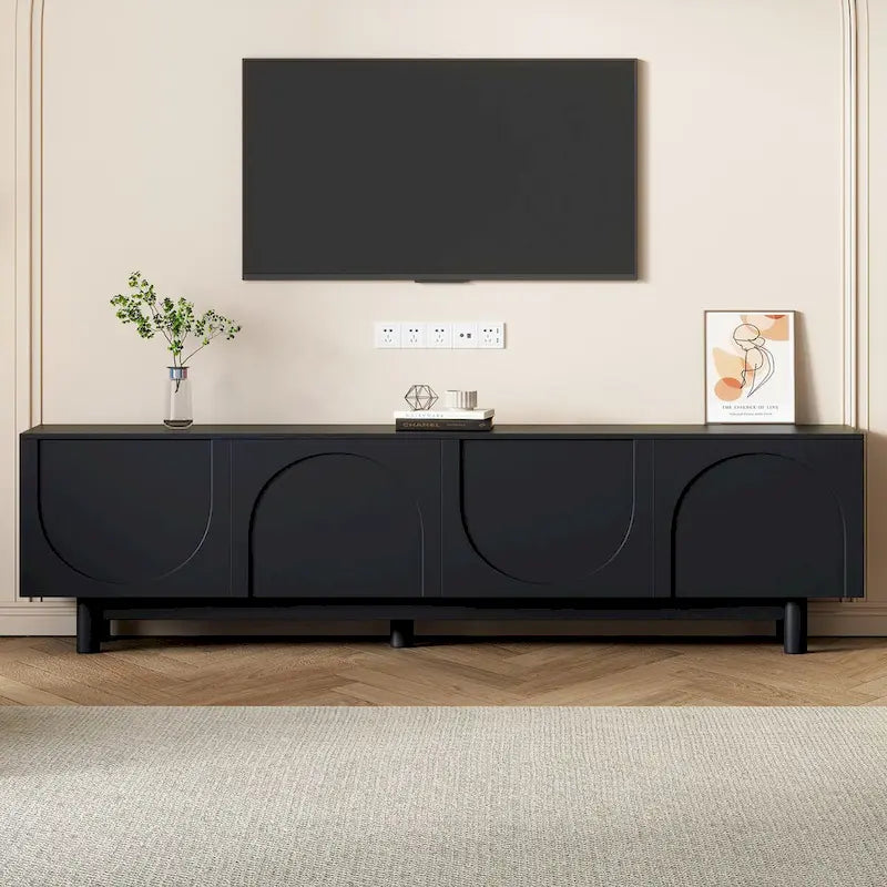 Meuble TV pour téléviseurs jusqu'à 78 po, meuble de divertissement avec pieds en bois massif et tablettes ajustables