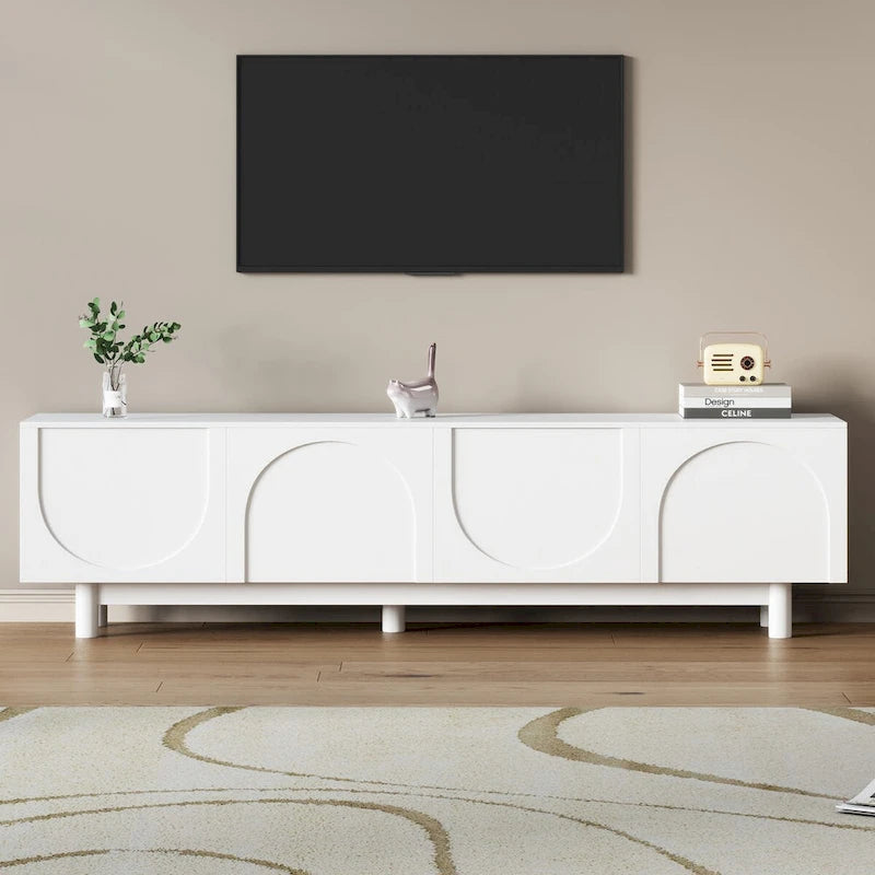 Meuble TV pour téléviseurs jusqu'à 78 po, meuble de divertissement avec pieds en bois massif et tablettes ajustables