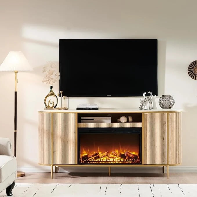 Meuble TV de luxe moderne avec cheminée électrique, meuble de divertissement, console TV, 70 po