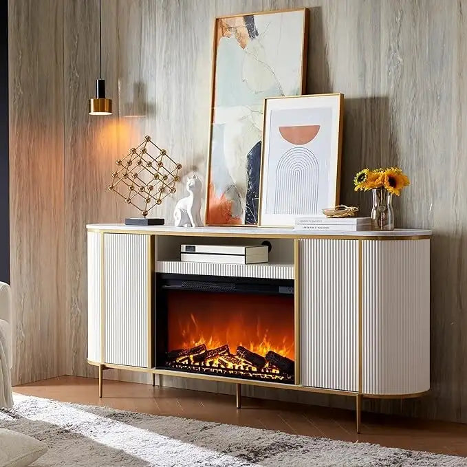 Meuble TV de luxe moderne avec cheminée électrique, meuble de divertissement, console TV, 70 po