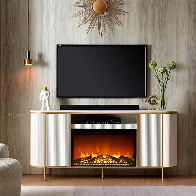 Meuble TV de luxe moderne avec cheminée électrique, meuble de divertissement, console TV, 70 po