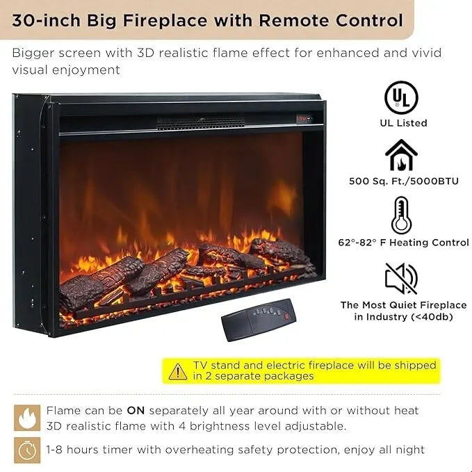 Meuble TV de luxe moderne avec cheminée électrique, meuble de divertissement, console TV, 70 po