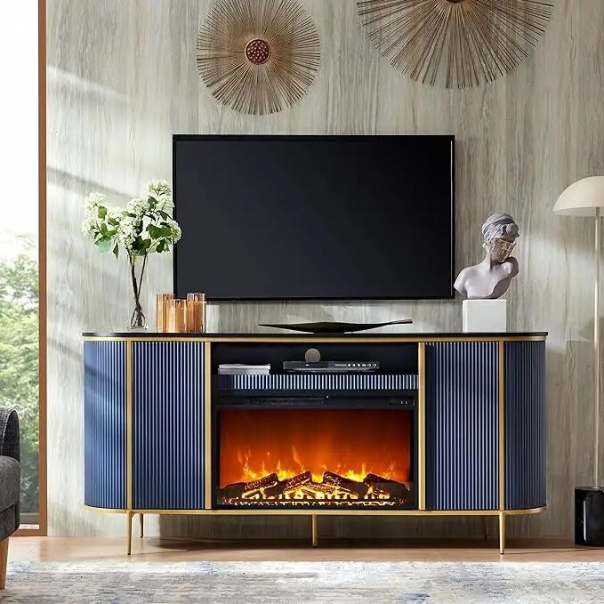 Meuble TV de luxe moderne avec cheminée électrique, meuble de divertissement, console TV, 70 po
