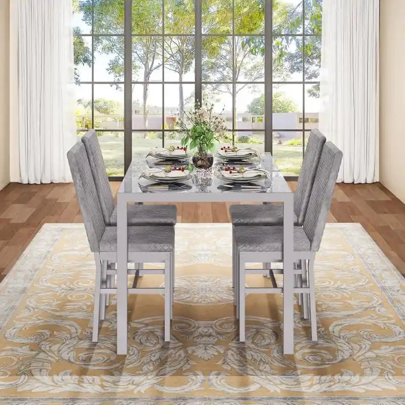 Table de salle à manger moderne avec plateau en verre trempé et chaises en cuir PU avec surpiqûres diamant
