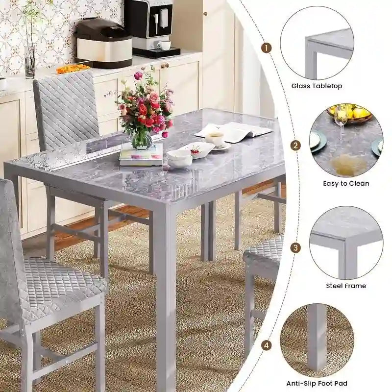 Table de salle à manger moderne avec plateau en verre trempé et chaises en cuir PU avec surpiqûres diamant