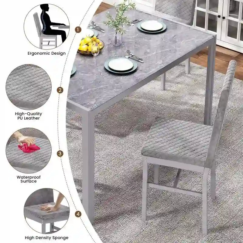 Table de salle à manger moderne avec plateau en verre trempé et chaises en cuir PU avec surpiqûres diamant