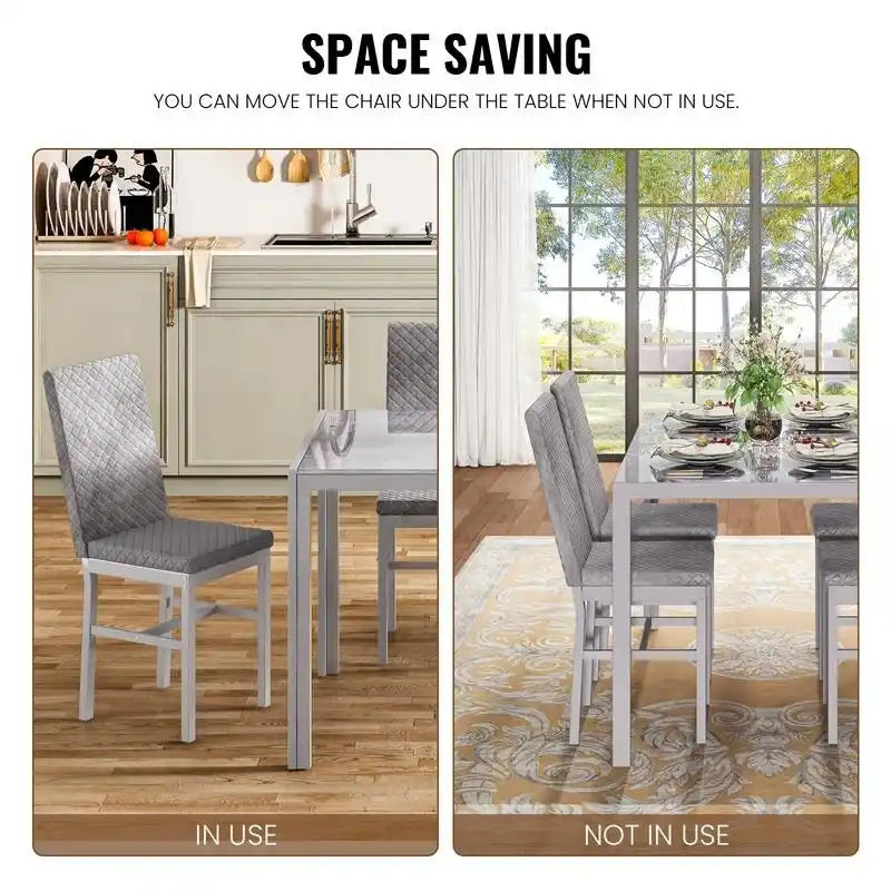Table de salle à manger moderne avec plateau en verre trempé et chaises en cuir PU avec surpiqûres diamant