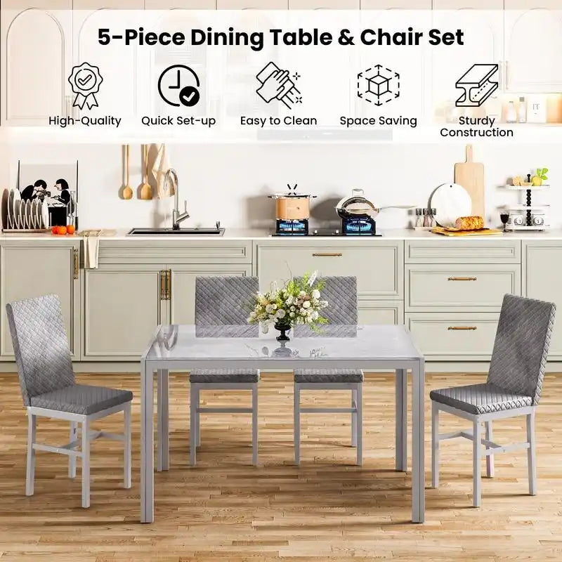 Table de salle à manger moderne avec plateau en verre trempé et chaises en cuir PU avec surpiqûres diamant