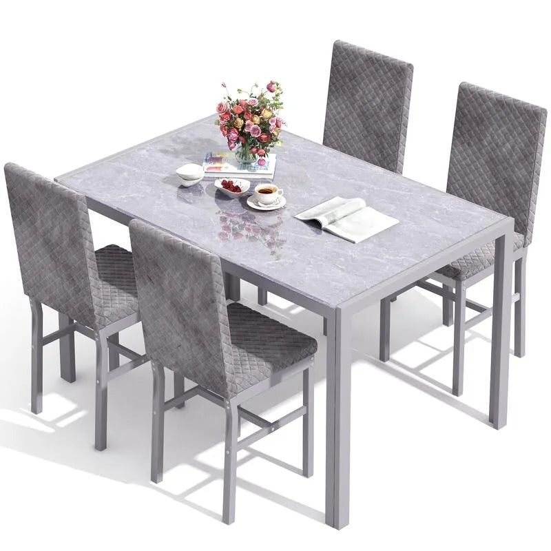 Table de salle à manger moderne avec plateau en verre trempé et chaises en cuir PU avec surpiqûres diamant