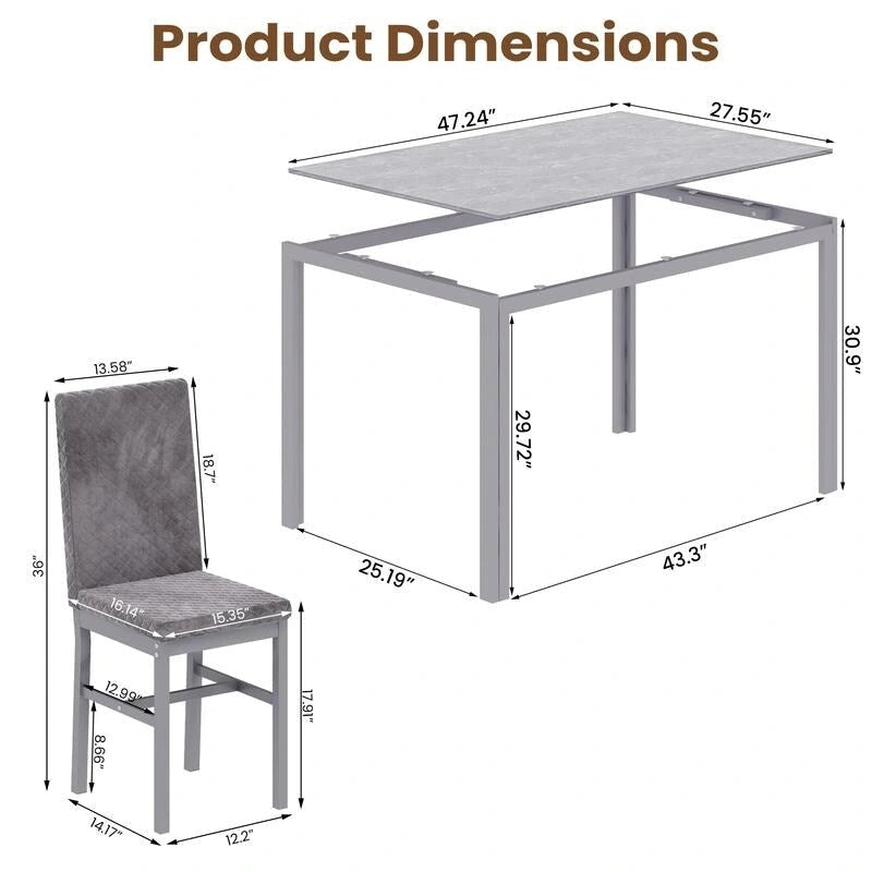 Table de salle à manger moderne avec plateau en verre trempé et chaises en cuir PU avec surpiqûres diamant