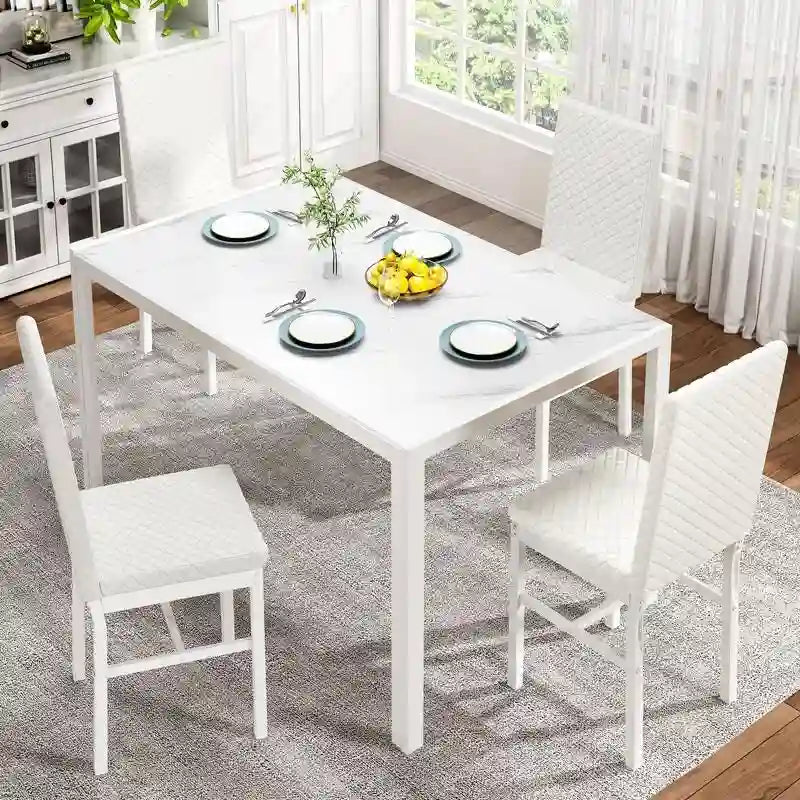 Table de salle à manger moderne avec plateau en verre trempé et chaises en cuir PU avec surpiqûres diamant