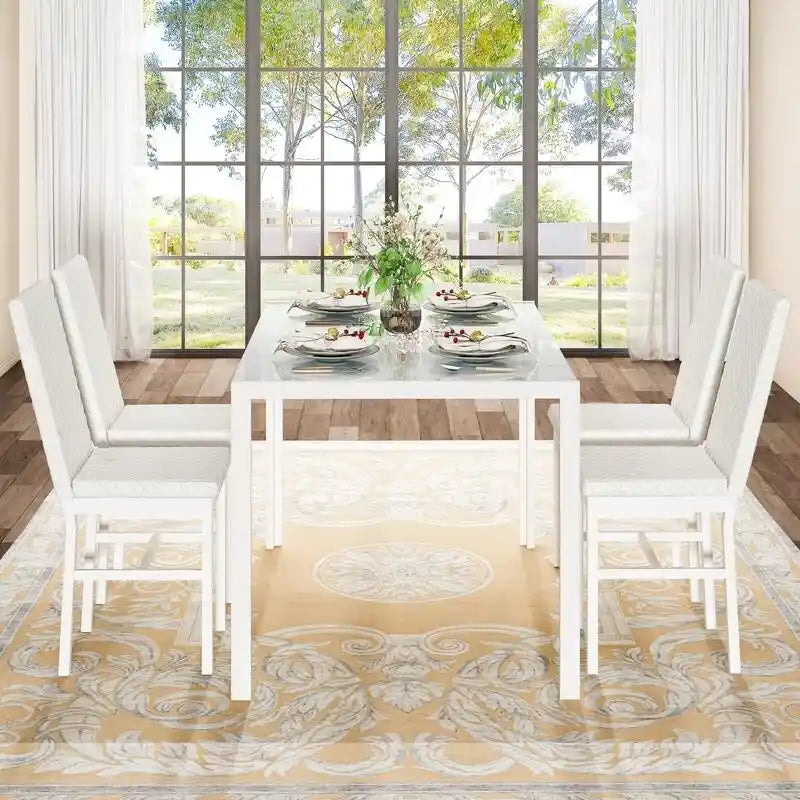 Table de salle à manger moderne avec plateau en verre trempé et chaises en cuir PU avec surpiqûres diamant