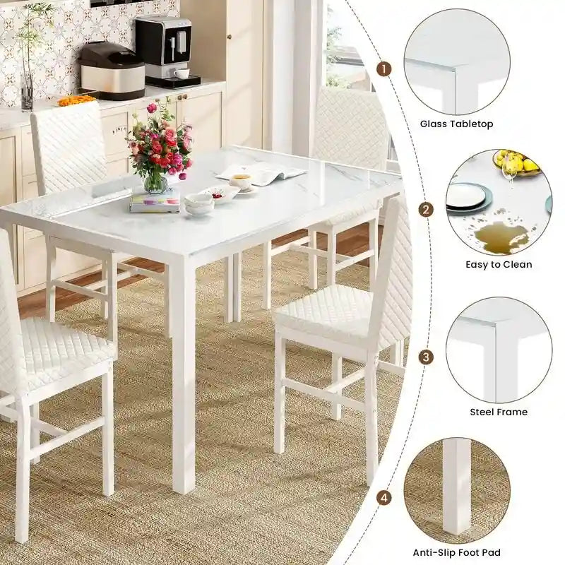 Table de salle à manger moderne avec plateau en verre trempé et chaises en cuir PU avec surpiqûres diamant