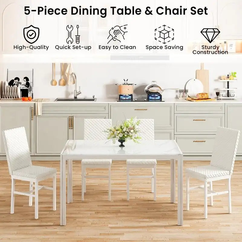 Table de salle à manger moderne avec plateau en verre trempé et chaises en cuir PU avec surpiqûres diamant