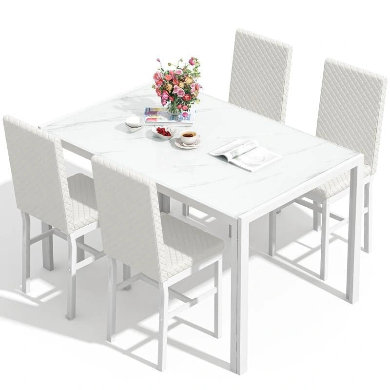 Table de salle à manger moderne avec plateau en verre trempé et chaises en cuir PU avec surpiqûres diamant
