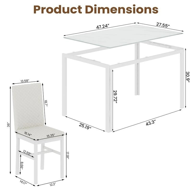Table de salle à manger moderne avec plateau en verre trempé et chaises en cuir PU avec surpiqûres diamant