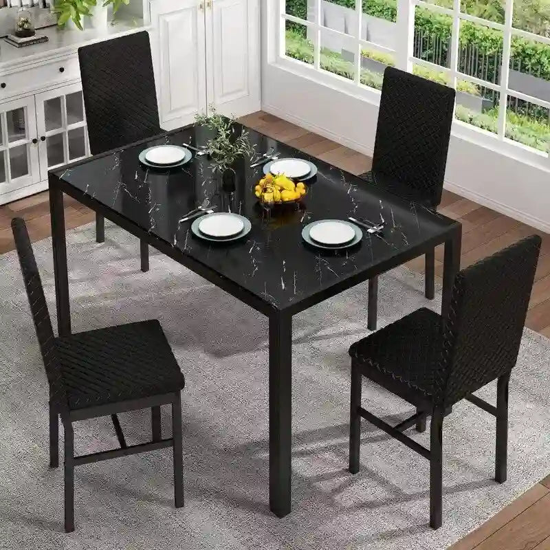 Table de salle à manger moderne avec plateau en verre trempé et chaises en cuir PU avec surpiqûres diamant