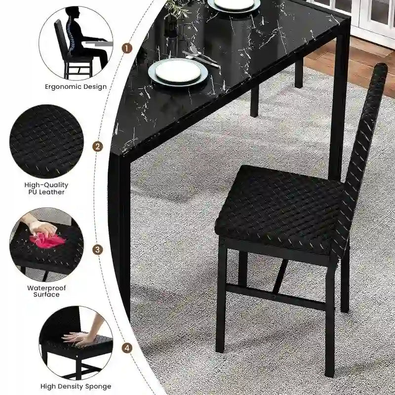 Table de salle à manger moderne avec plateau en verre trempé et chaises en cuir PU avec surpiqûres diamant