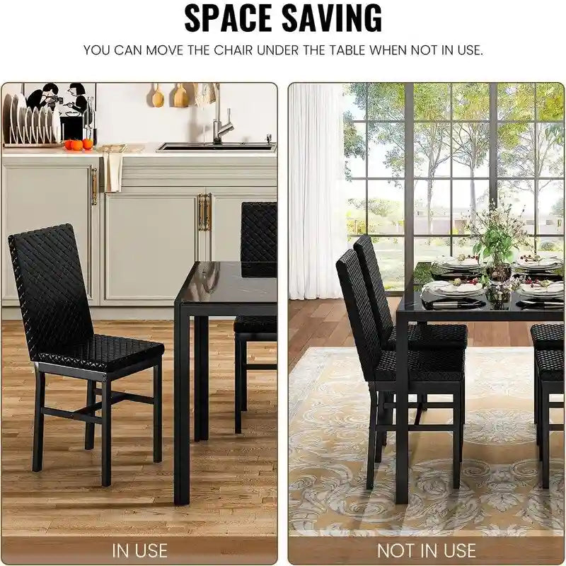 Table de salle à manger moderne avec plateau en verre trempé et chaises en cuir PU avec surpiqûres diamant