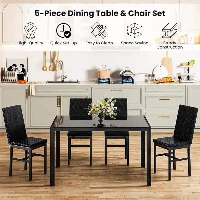 Table de salle à manger moderne avec plateau en verre trempé et chaises en cuir PU avec surpiqûres diamant