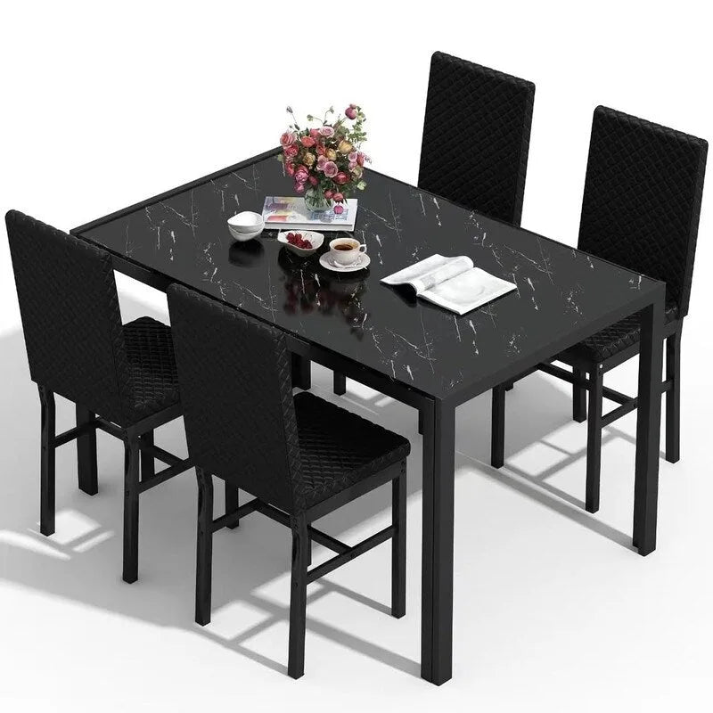 Table de salle à manger moderne avec plateau en verre trempé et chaises en cuir PU avec surpiqûres diamant