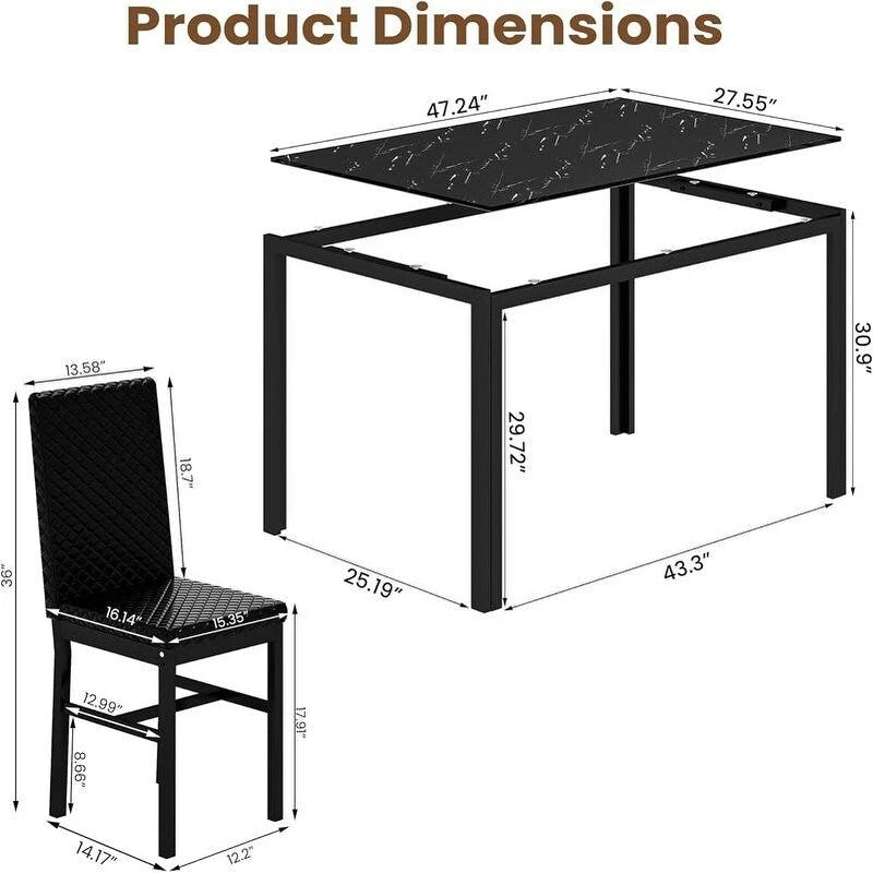 Table de salle à manger moderne avec plateau en verre trempé et chaises en cuir PU avec surpiqûres diamant