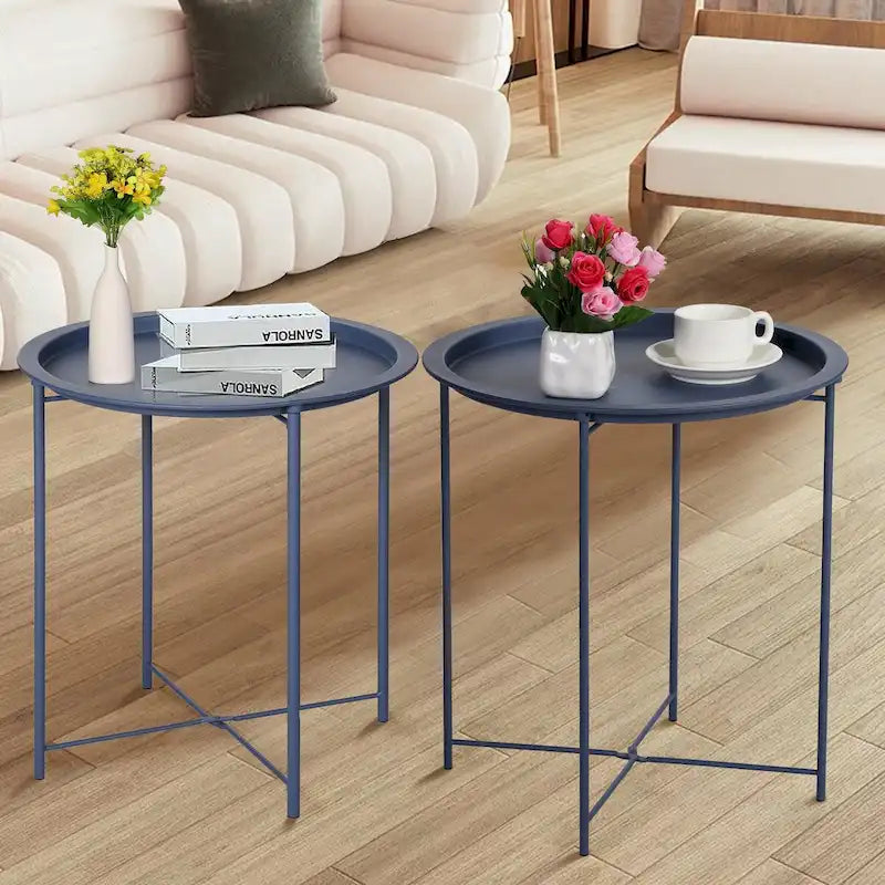 Tables de plateau TV rondes pliantes, petite table d'appoint ronde en acier, aucun assemblage requis - 47 x 47 x 50 cm