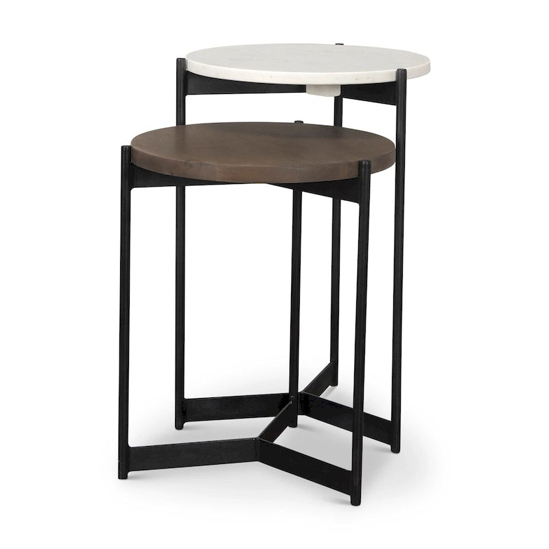 Tables gigognes d'appoint/de chevet en marbre et bois foncé