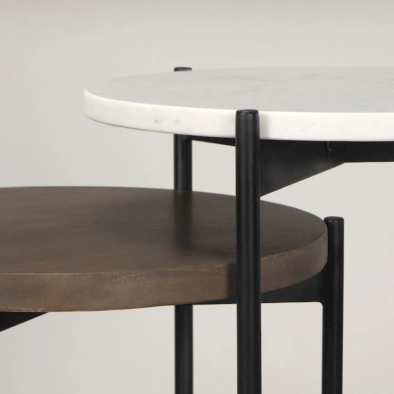 Tables gigognes d'appoint/de chevet en marbre et bois foncé