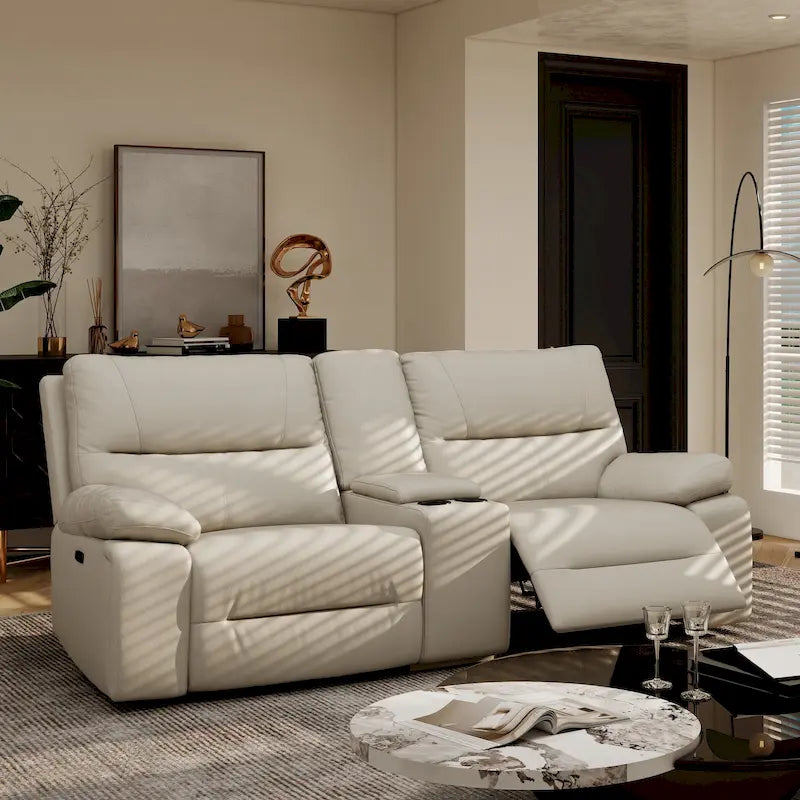 Causeuse inclinable électrique en cuir avec console et porte-gobelets