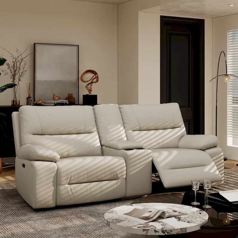 Causeuse inclinable électrique en cuir avec console et porte-gobelets
