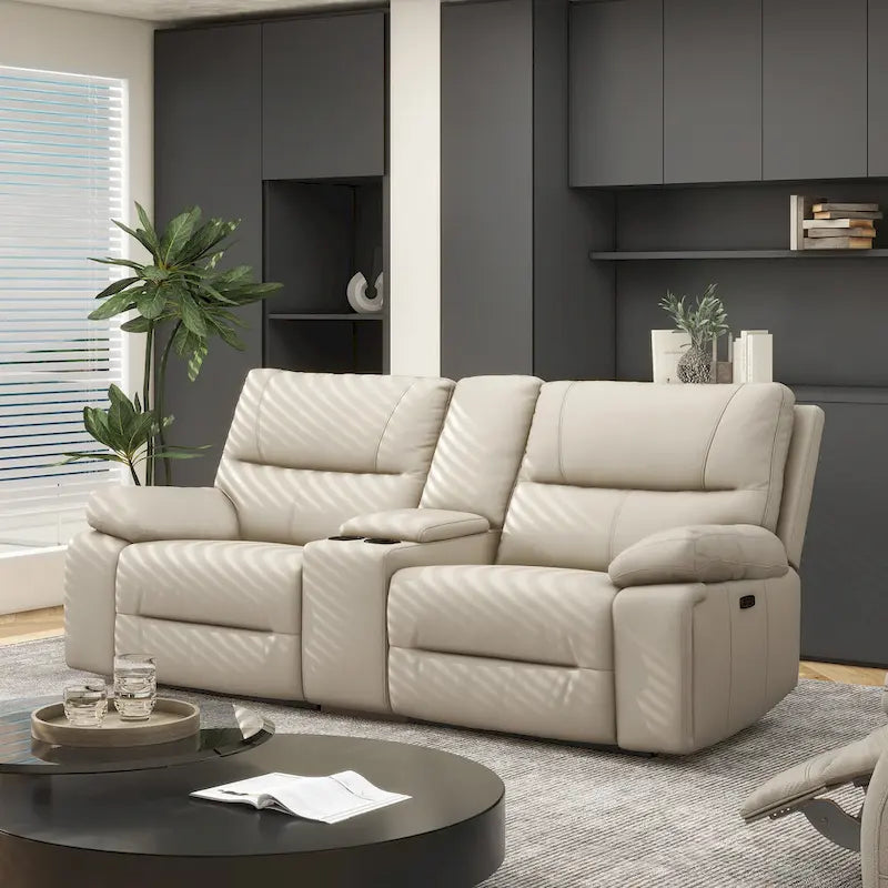 Causeuse inclinable électrique en cuir avec console et porte-gobelets